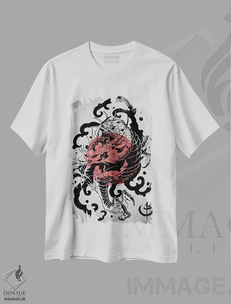 تیشرت سفید طرح دار سامورایی اژدها، دکور آسیایی اثر جوزف فرناندو | فروشگاه ایماژ