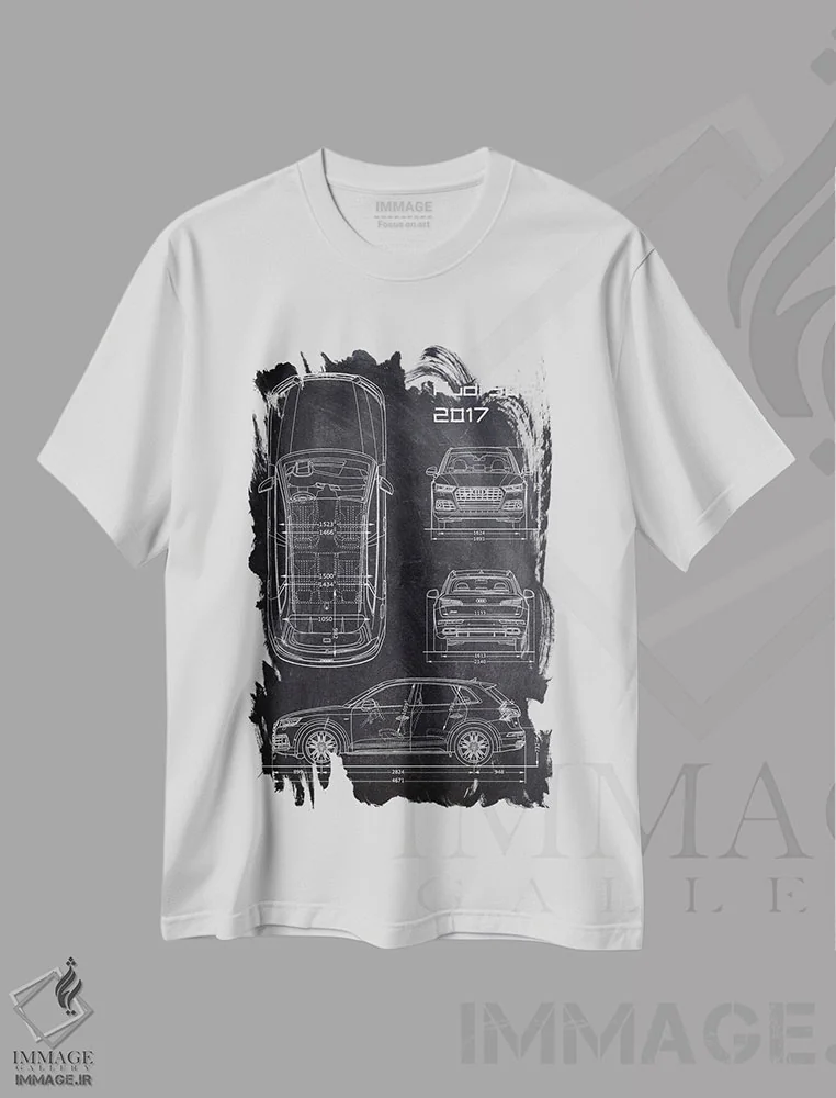تیشرت سفید طرح دار آئودی اس کیو۵ مدل ۲۰۱۷، هنر تزئینی سیاه و سفید اثر جوزف فرناندو | فروشگاه ایماژ