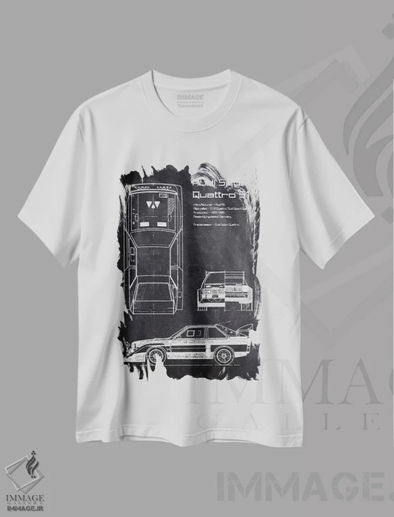 تیشرت سفید طرح دار آئودی اسپرت کواترو اس۱، هنر تزئینی سیاه و سفید اثر جوزف فرناندو | فروشگاه ایماژ