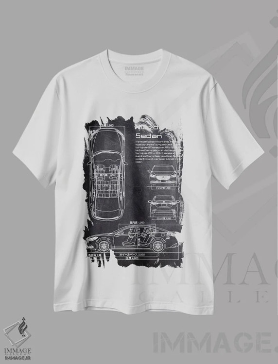 تیشرت سفید طرح دار مزدا وی آی سدان، هنر تزئینی سیاه و سفید اثر جوزف فرناندو | immage.ir