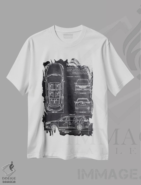 تیشرت سفید طرح دار مزدا سی ایکس-۸، هنر تزئینی سیاه و سفید اثر جوزف فرناندو | immage.ir