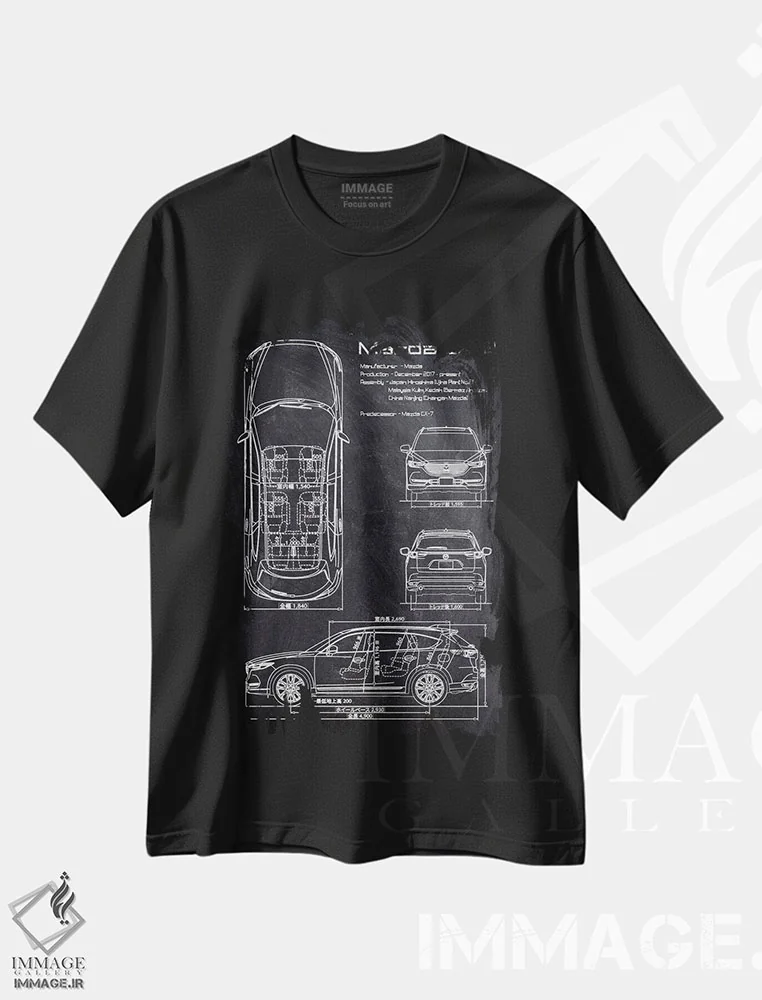 تیشرت مشکی طرح دار مزدا سی ایکس-۸، هنر تزئینی سیاه و سفید اثر جوزف فرناندو | فروشگاه ایماژ