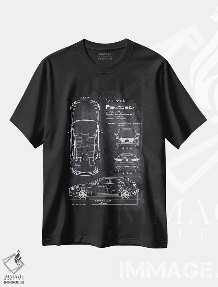 تیشرت مشکی طرح دار مزدا ۳ فست بک، هنر تزئینی سیاه و سفید اثر جوزف فرناندو | فروشگاه ایماژ