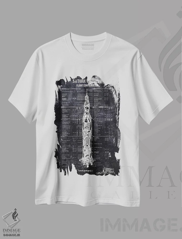 تیشرت سفید طرح دار پیکربندی آپولوی ساترن ۵، هنر تزئینی سیاه و سفید اثر جوزف فرناندو | immage.ir