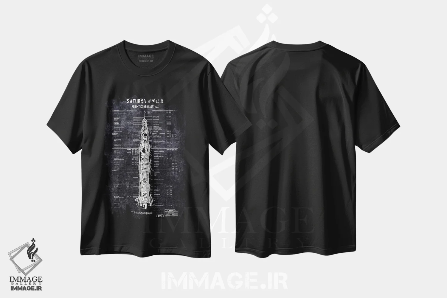 تیشرت مشکی طرح دار پیکربندی آپولوی ساترن ۵، هنر تزئینی سیاه و سفید اثر جوزف فرناندو | فروشگاه ایماژ