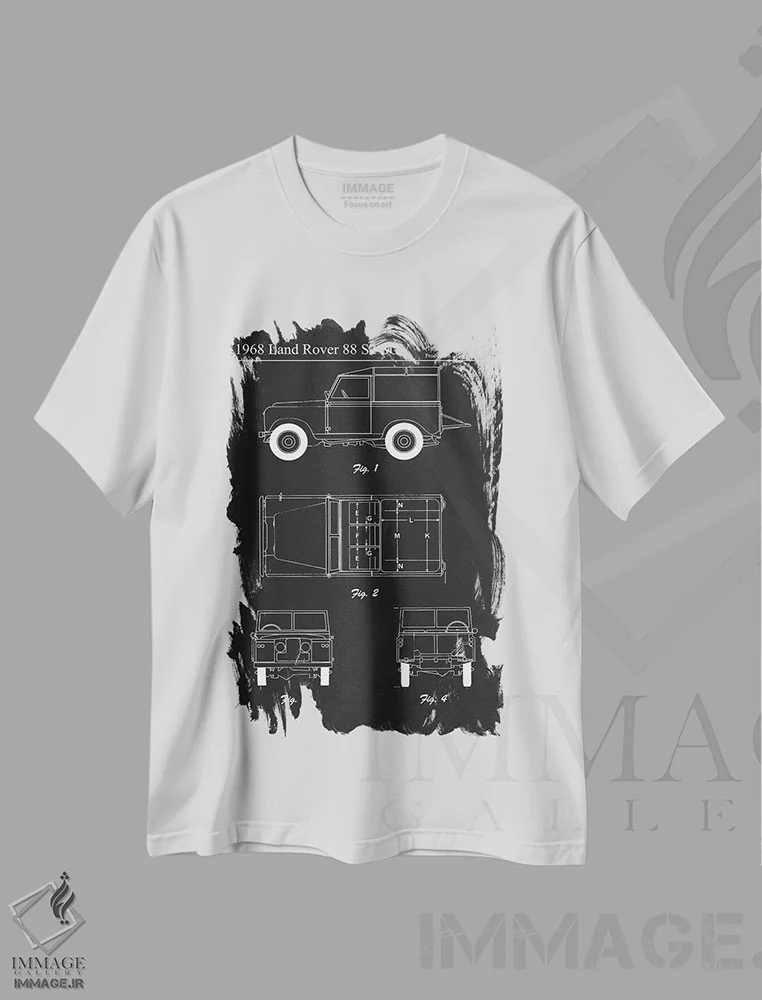 تیشرت سفید طرح دار لندروور ۸۸ اس۲ شاسی بلند مدل ۱۹۶۸، هنر تزئینی سیاه و سفید اثر جوزف فرناندو | immage.ir