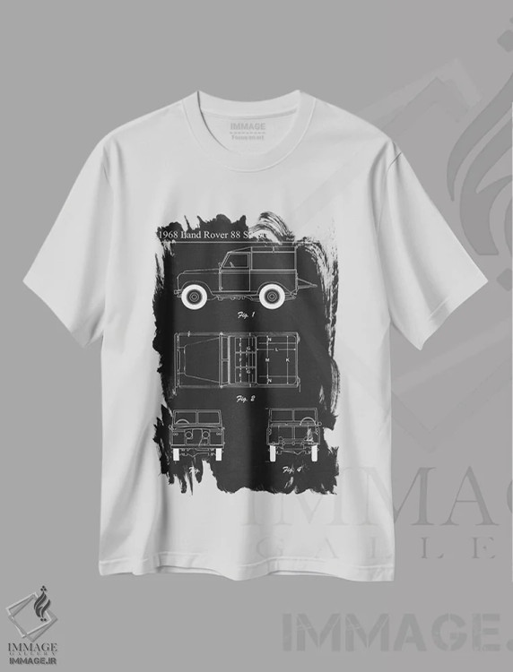 تیشرت سفید طرح دار لندروور ۸۸ اس۲ شاسی بلند مدل ۱۹۶۸، هنر تزئینی سیاه و سفید اثر جوزف فرناندو | immage.ir