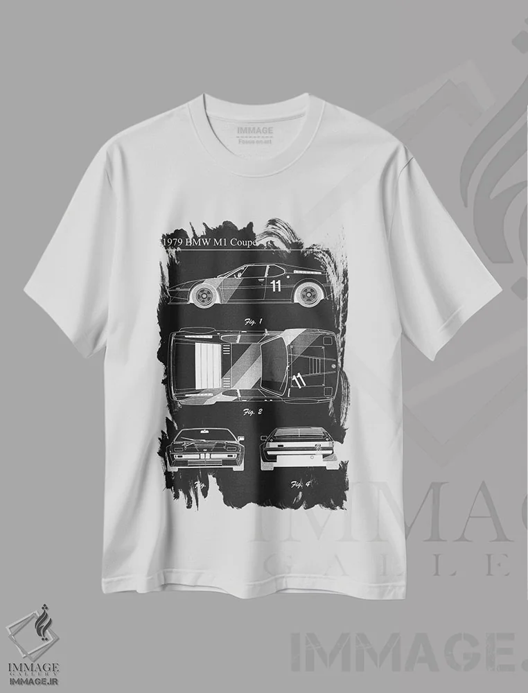 تیشرت سفید طرح دار بی ام و M1 کوپه مدل ۱۹۷۹، هنر تزئینی سیاه و سفید اثر جوزف فرناندو | immage.ir