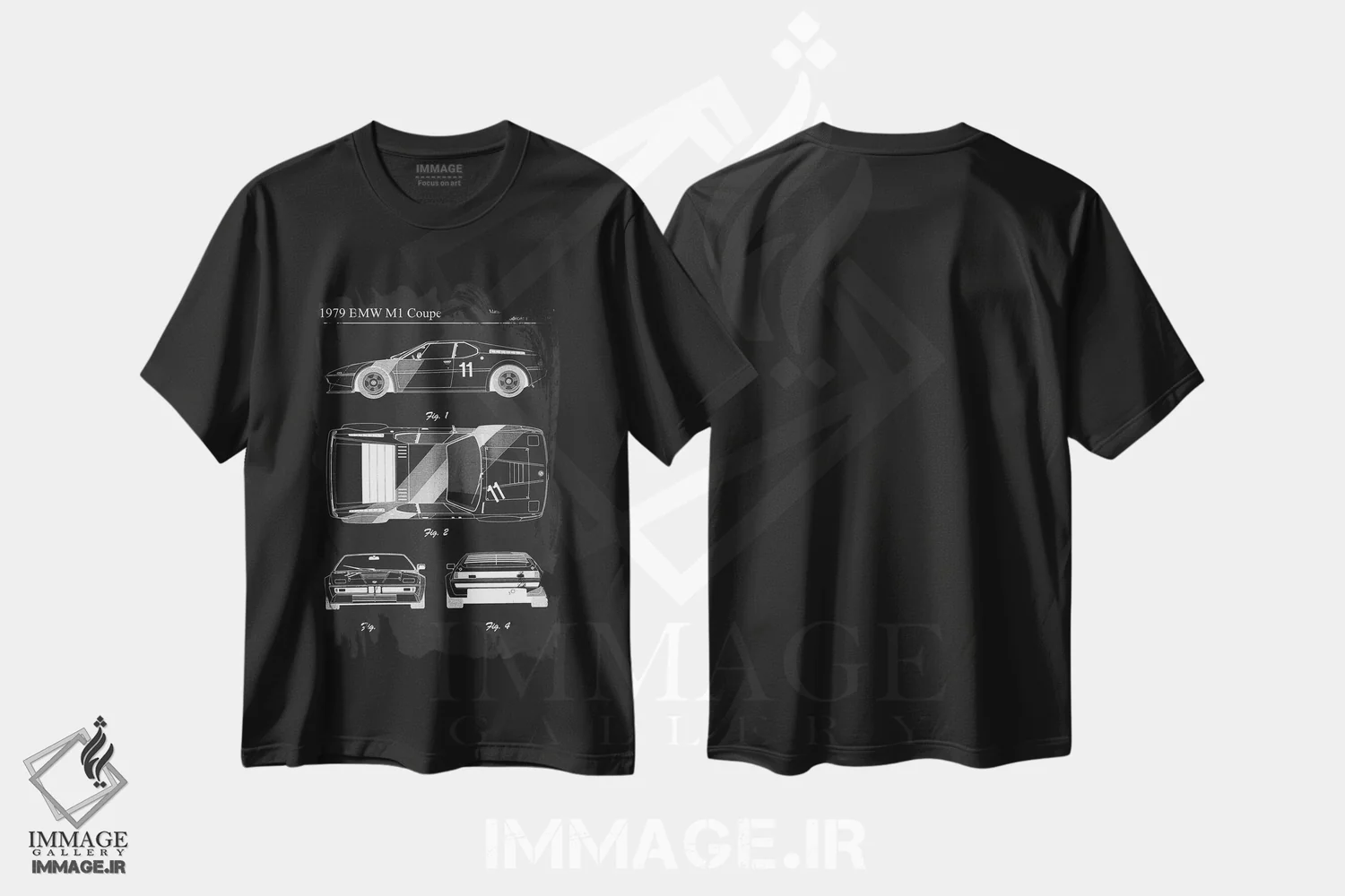 تیشرت مشکی طرح دار بی ام و M1 کوپه مدل ۱۹۷۹، هنر تزئینی سیاه و سفید اثر جوزف فرناندو | فروشگاه ایماژ