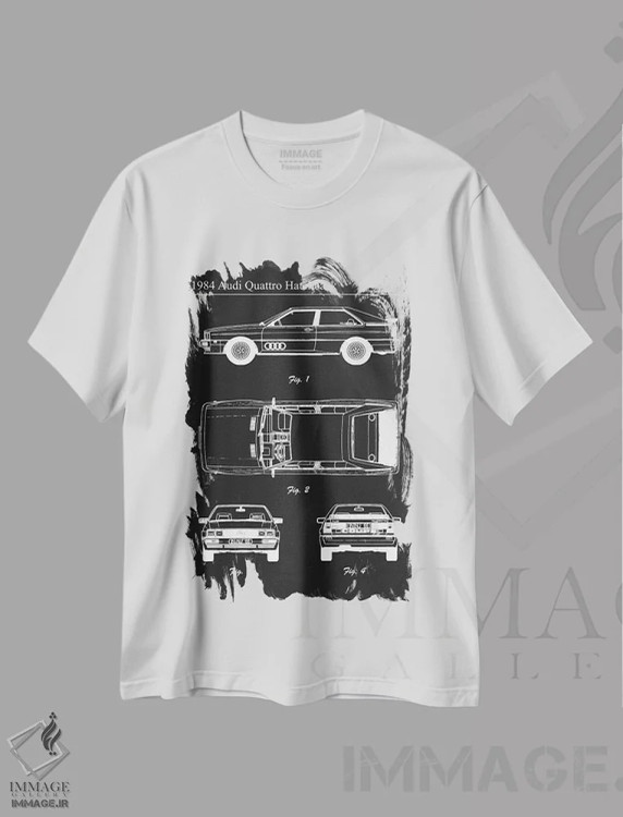تیشرت سفید طرح دار آئودی کواترو هاچ بک مدل ۱۹۸۴، هنر تزئینی سیاه و سفید اثر جوزف فرناندو | immage.ir