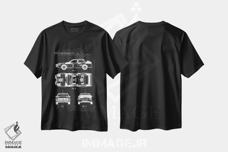 تیشرت مشکی طرح دار آئودی کواترو A2 کوپه مدل ۱۹۸۱، هنر تزئینی سیاه و سفید اثر جوزف فرناندو | فروشگاه ایماژ