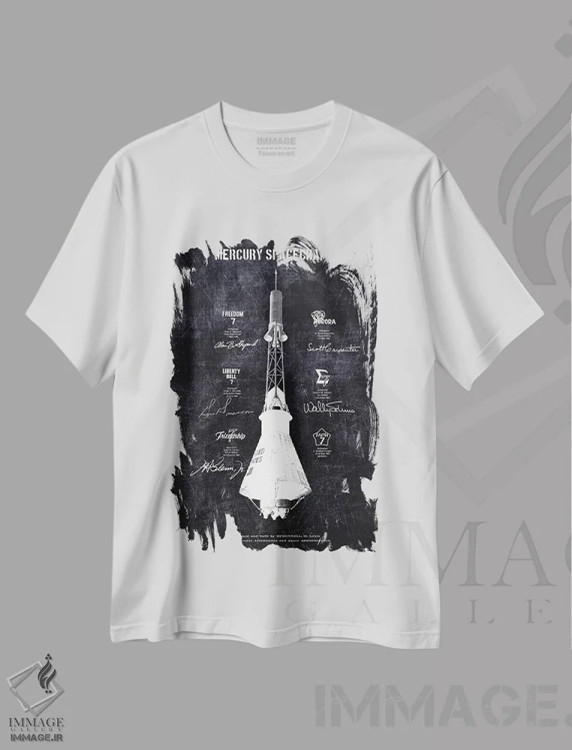 تیشرت سفید طرح دار فضاپیمای مرکوری، هنر تزئینی سیاه و سفید اثر جوزف فرناندو | فروشگاه ایماژ