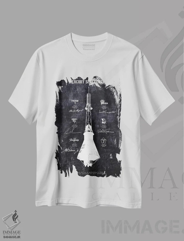 تیشرت سفید طرح دار فضاپیمای مرکوری، هنر تزئینی سیاه و سفید اثر جوزف فرناندو | فروشگاه ایماژ