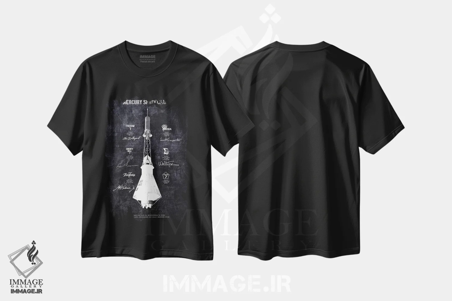 تیشرت مشکی طرح دار فضاپیمای مرکوری، هنر تزئینی سیاه و سفید اثر جوزف فرناندو | immage.ir