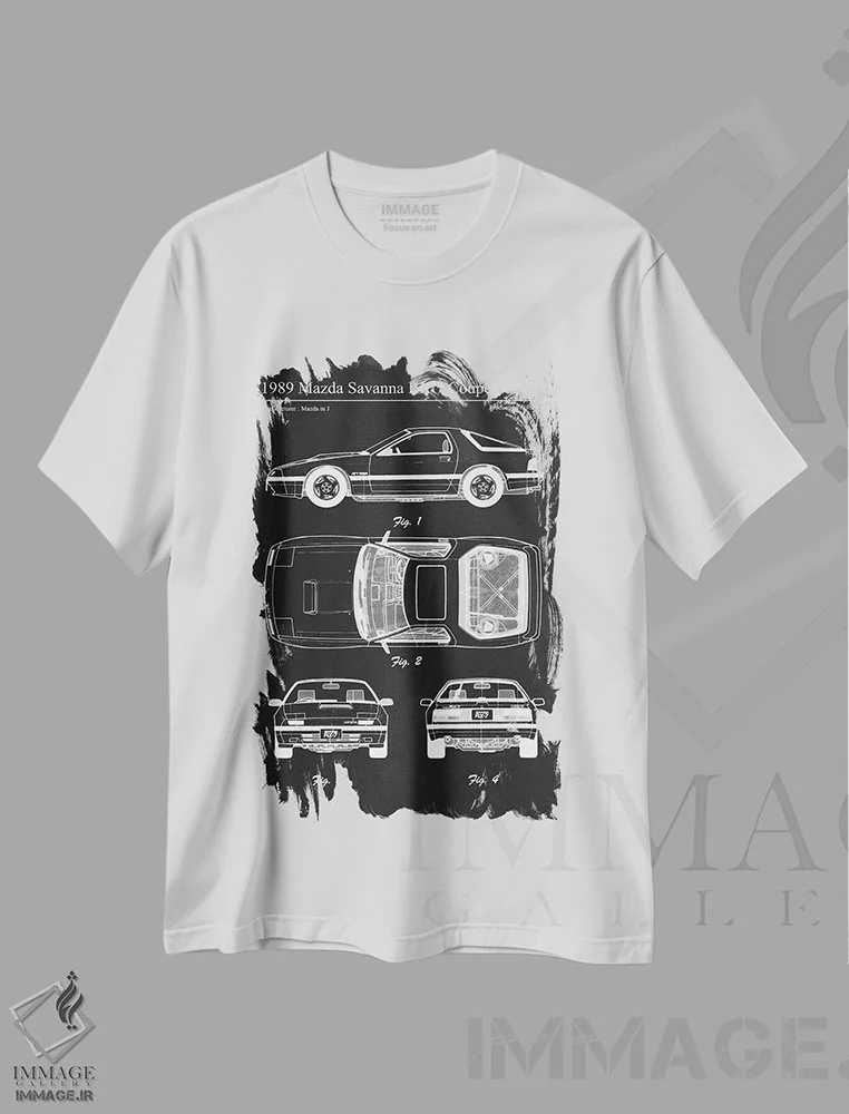 تیشرت سفید طرح دار مزدا ساوانا آر اکس ۷ کوپه مدل ۱۹۸۹، هنر تزئینی سیاه و سفید اثر جوزف فرناندو | فروشگاه ایماژ