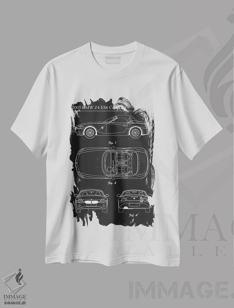 تیشرت سفید طرح دار بی ام و Z4 E86 کابریولت مدل ۲۰۰۳، هنر تزئینی سیاه و سفید اثر جوزف فرناندو | immage.ir