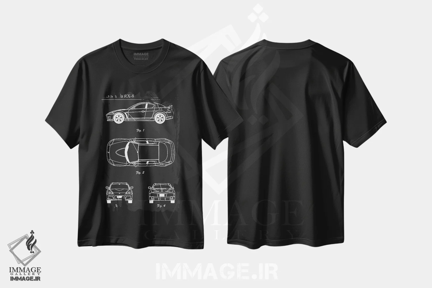 تیشرت مشکی طرح دار مزدا آر اکس-۸ مزدااسپید مدل ۲۰۰۳، هنر تزئینی سیاه و سفید اثر جوزف فرناندو | immage.ir