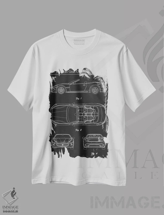 تیشرت سفید طرح دار مازراتی گرن کابریولت مدل ۲۰۰۷، هنر تزئینی سیاه و سفید اثر جوزف فرناندو | immage.ir