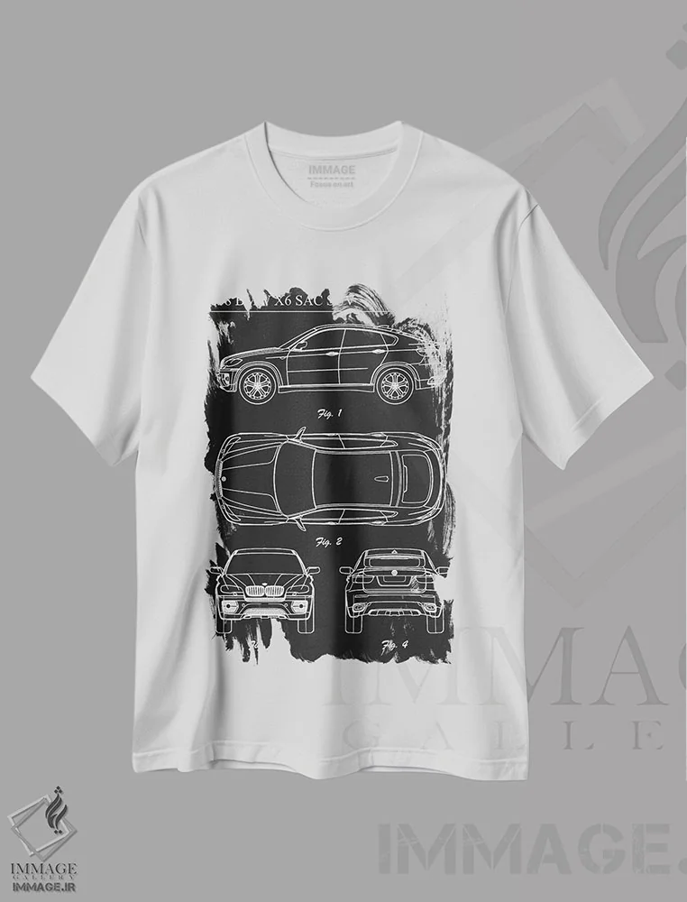 تیشرت سفید طرح دار بی ام و X6 SAC شاسی بلند مدل ۲۰۰۸، هنر تزئینی سیاه و سفید اثر جوزف فرناندو | فروشگاه ایماژ
