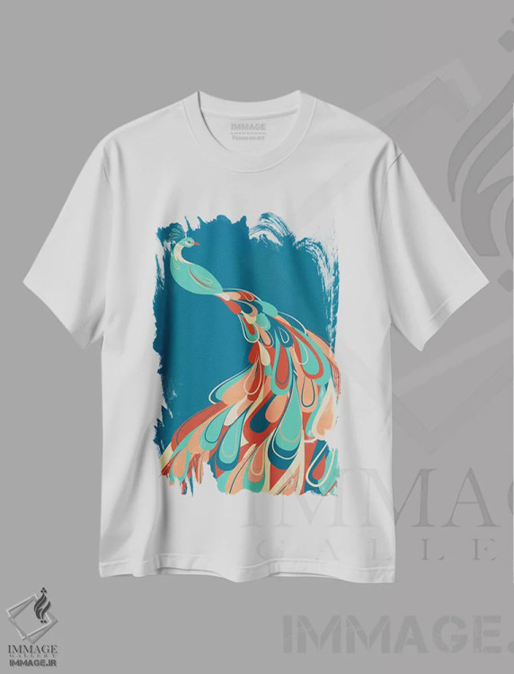 تیشرت سفید طرح دار طاووس، تزئینی اثر جی فلک | فروشگاه ایماژ