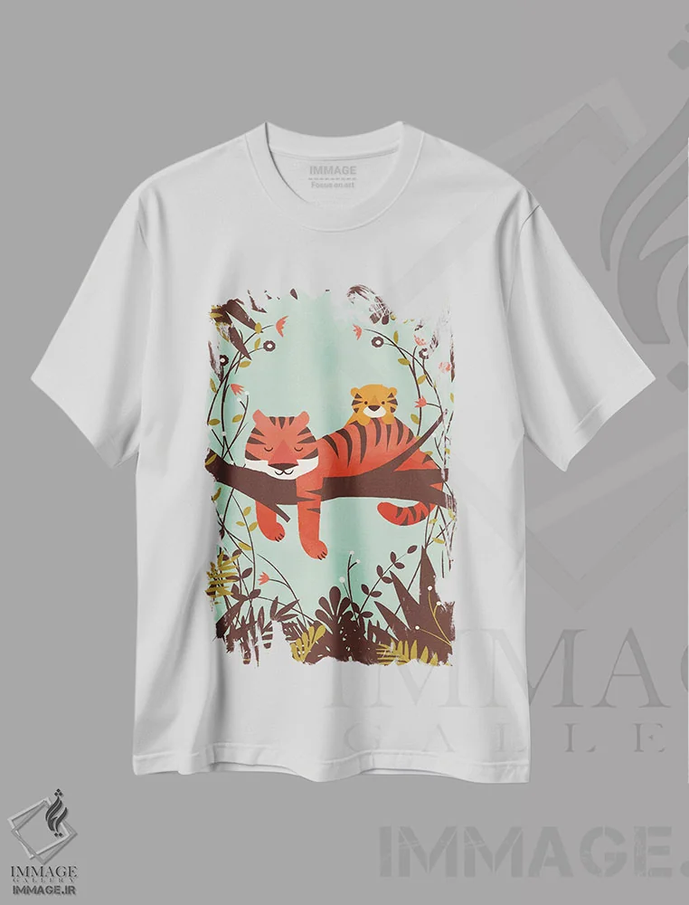 تیشرت سفید طرح دار ببر خفته، تزئینی اثر جی فلک | فروشگاه ایماژ