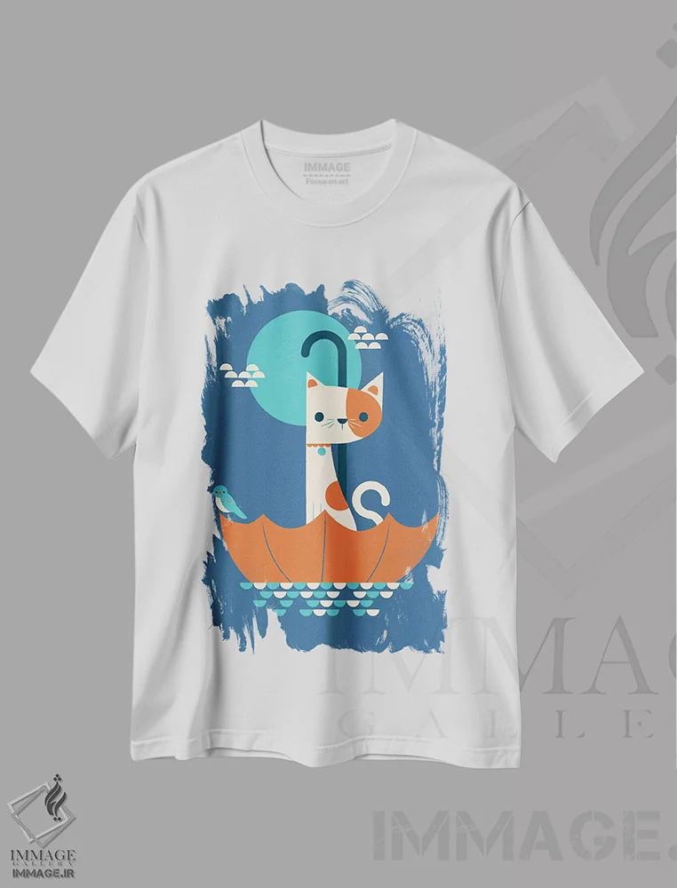 تیشرت سفید طرح دار گربه در چتر، هنر دیجیتال اثر جی فلک | فروشگاه ایماژ