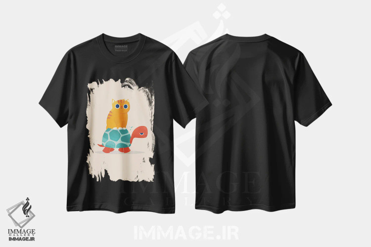 تیشرت مشکی طرح دار گربه چاق سوار لاک پشت، هنر دیجیتال اثر جی فلک | فروشگاه ایماژ