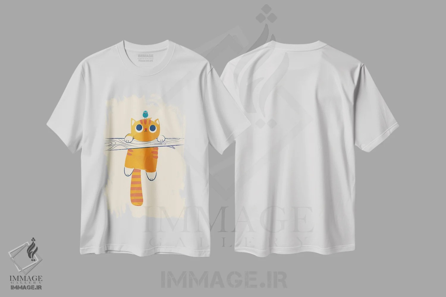 تیشرت سفید طرح دار گربه چاق، پرنده کوچک، هنر دیجیتال اثر جی فلک | فروشگاه ایماژ