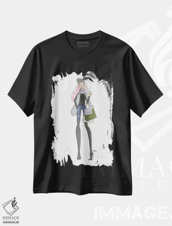 تیشرت مشکی طرح دار قدم زدن پاییزی، دست نقاشی و طراحی دستی اثر جوزفینا فرناندز | فروشگاه ایماژ