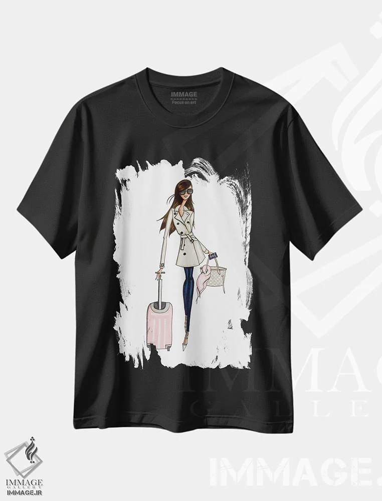 تیشرت مشکی طرح دار مسافر حرفه ای، دست نقاشی و طراحی دستی اثر جوزفینا فرناندز | immage.ir
