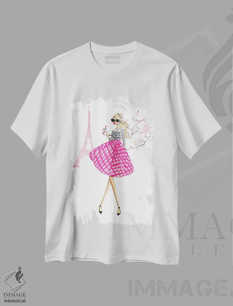 تیشرت سفید طرح دار گوشه ای در پاریس، دست نقاشی و طراحی دستی اثر جوزفینا فرناندز | فروشگاه ایماژ