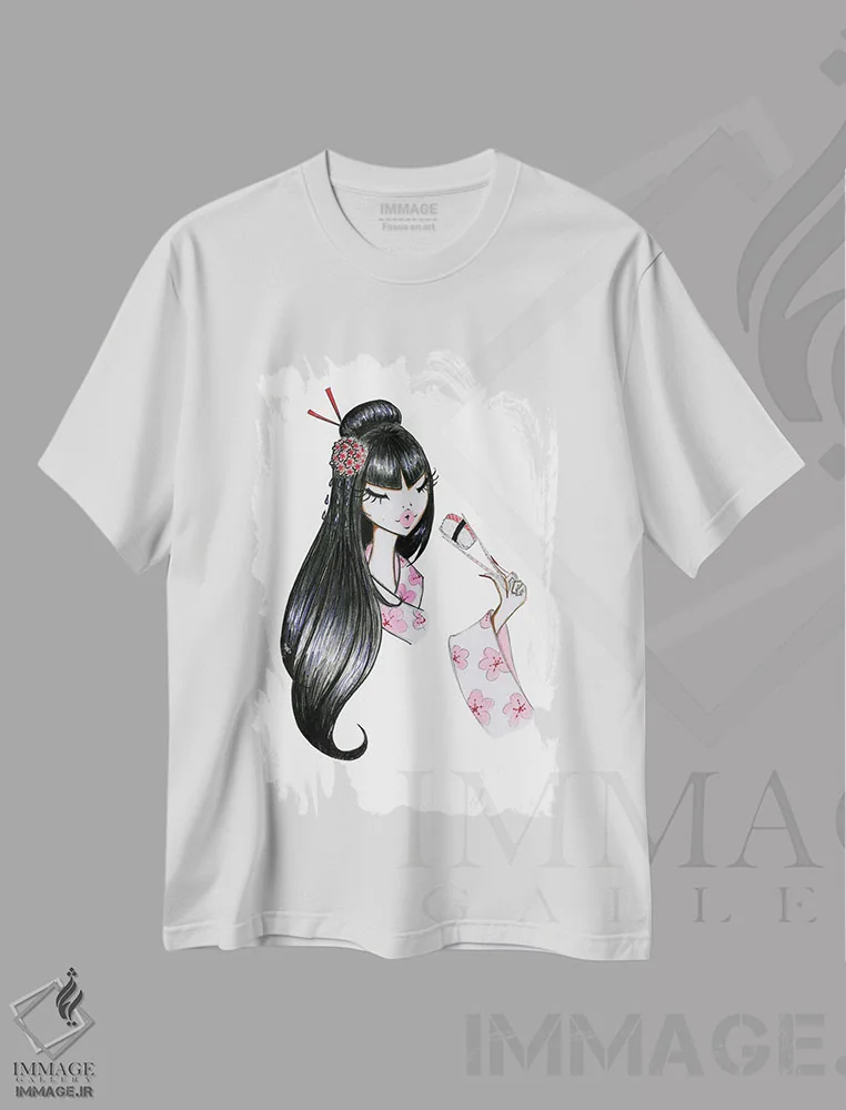 تیشرت سفید طرح دار دختر سوشی، دکور آسیایی اثر جوزفینا فرناندز | فروشگاه ایماژ