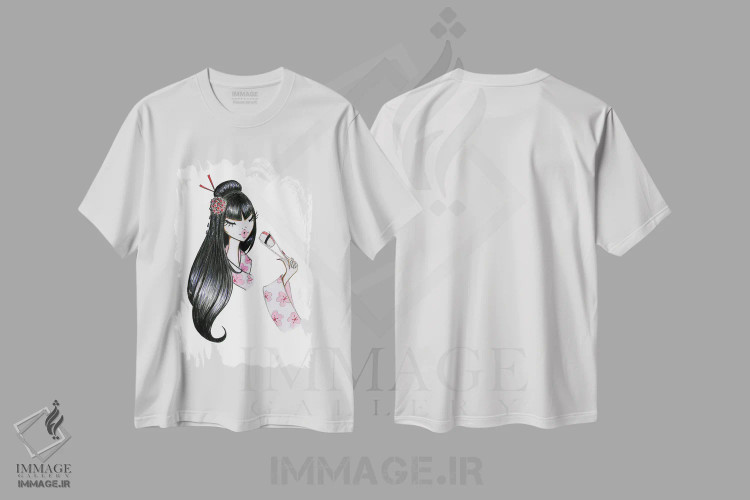 تیشرت سفید طرح دار دختر سوشی، دکور آسیایی اثر جوزفینا فرناندز | فروشگاه ایماژ