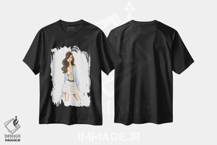 تیشرت مشکی طرح دار پیراهن آبی، دست نقاشی و طراحی دستی اثر جوزفینا فرناندز | فروشگاه ایماژ
