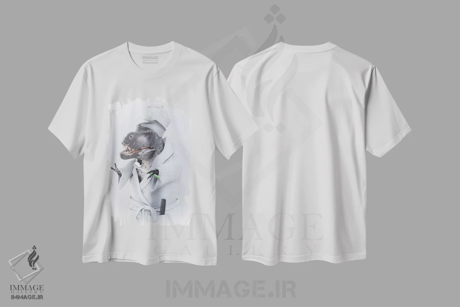 تیشرت سفید طرح دار تیرانوسوروس در وان، هنر دیجیتال اثر جوفری فیلیپ | فروشگاه ایماژ