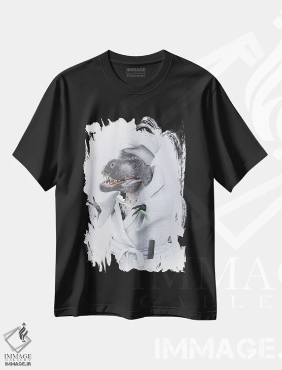 تیشرت مشکی طرح دار تیرانوسوروس در وان، هنر دیجیتال اثر جوفری فیلیپ | immage.ir