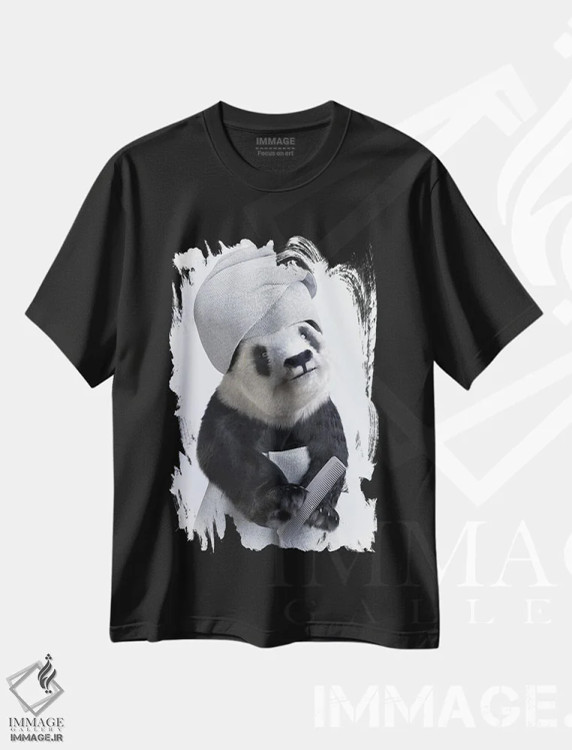 تیشرت مشکی طرح دار پاندا در وان، حیوانات با حوله حمامی، هنر دیجیتال اثر جوفری فیلیپ | فروشگاه ایماژ