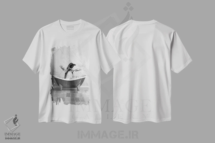 تیشرت سفید طرح دار پنگوئن در وان، هنر دیجیتال اثر جوفری فیلیپ | فروشگاه ایماژ