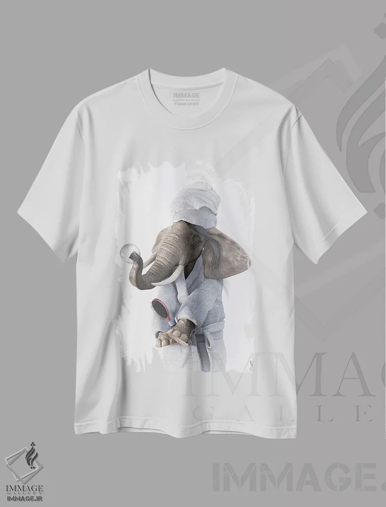 تیشرت سفید طرح دار طرح فیل برای حمام، هنر دیجیتال اثر جوفری فیلیپ | فروشگاه ایماژ