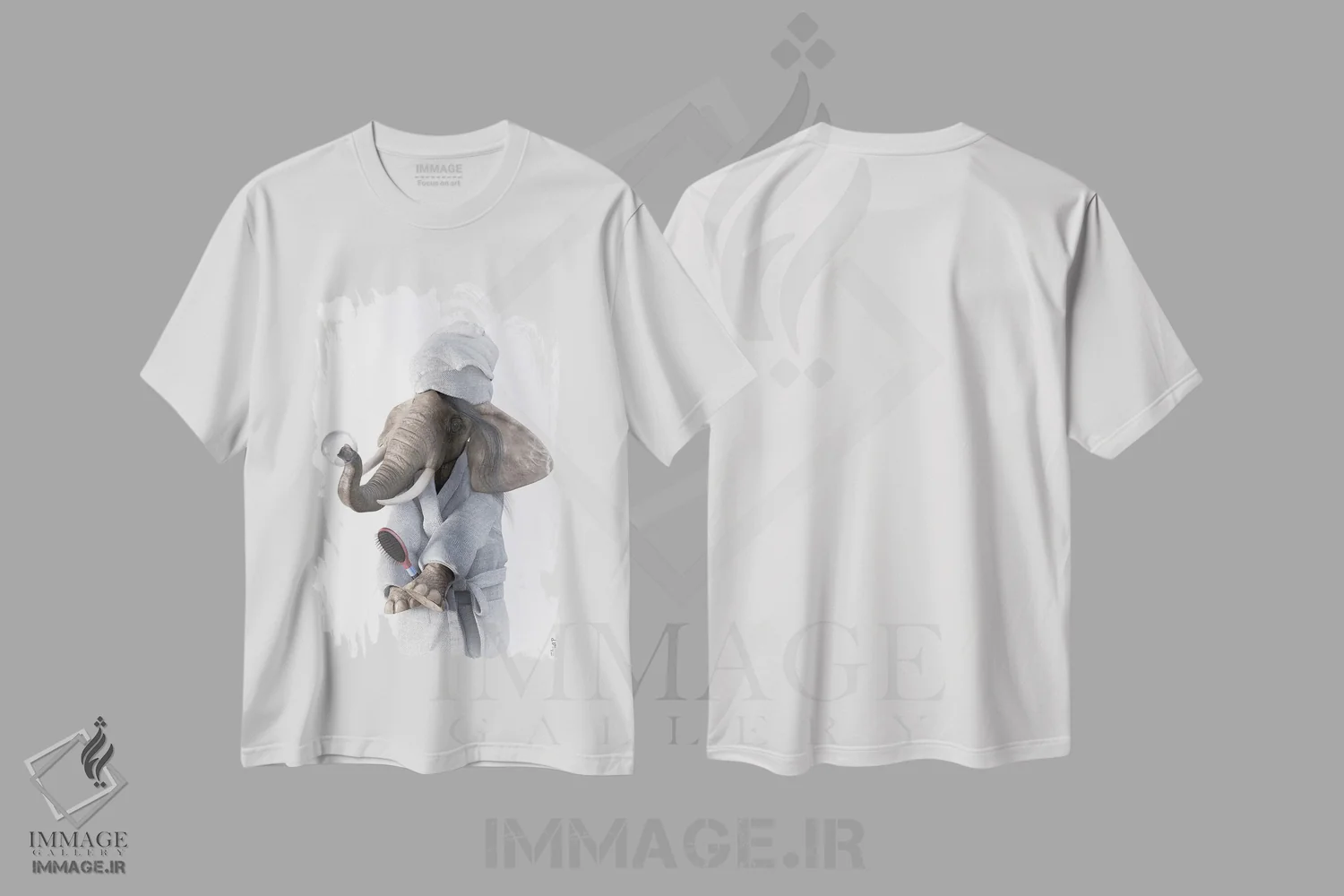 تیشرت سفید طرح دار طرح فیل برای حمام، هنر دیجیتال اثر جوفری فیلیپ | فروشگاه ایماژ