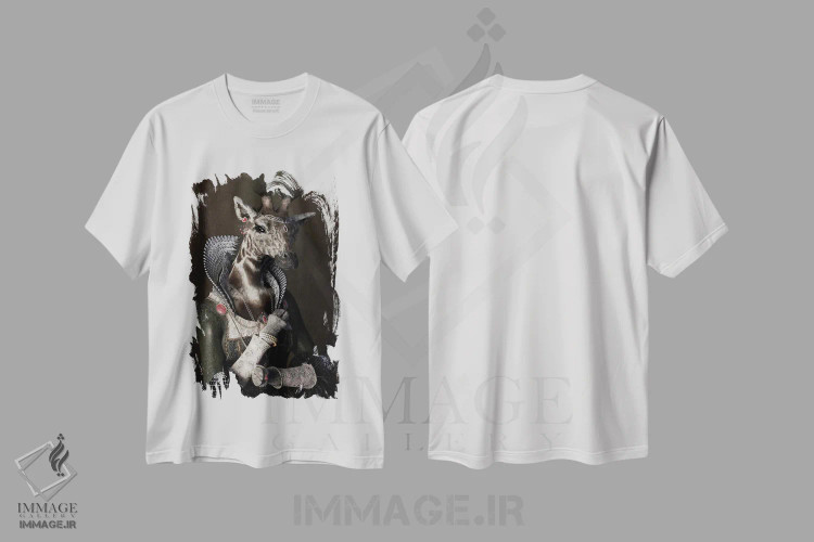 تیشرت سفید طرح دار پرتره زرافه به سبک رنسانس قدیمی، هنر دیجیتال اثر جوفری فیلیپ | immage.ir