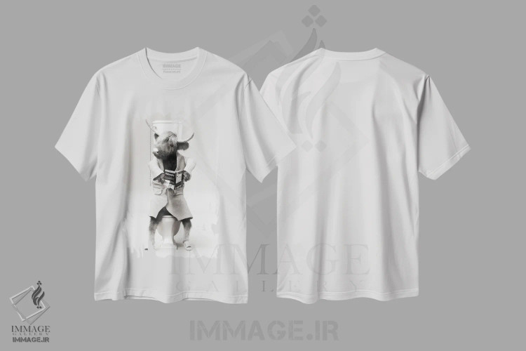 تیشرت سفید طرح دار گاو کوهستانی در توالت، هنر دیجیتال سیاه و سفید اثر جوفری فیلیپ | immage.ir