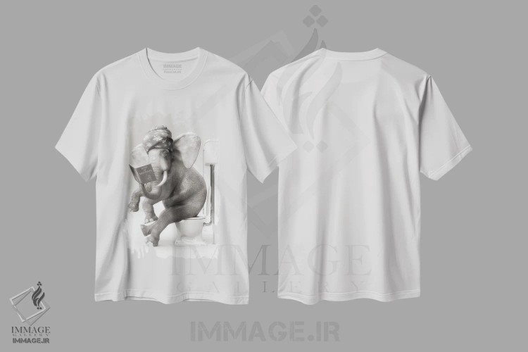 تیشرت سفید طرح دار فیل در توالت با یک کتاب، هنر دیجیتال سیاه و سفید اثر جوفری فیلیپ | immage.ir