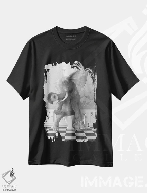 تیشرت مشکی طرح دار فیل روی توالت، هنر دیجیتال سیاه و سفید اثر جوفری فیلیپ | immage.ir