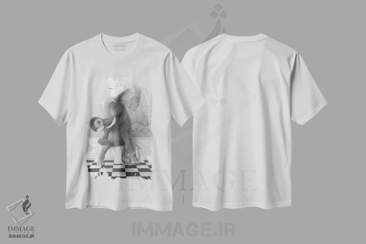 تیشرت سفید طرح دار فیل روی توالت، هنر دیجیتال سیاه و سفید اثر جوفری فیلیپ | فروشگاه ایماژ