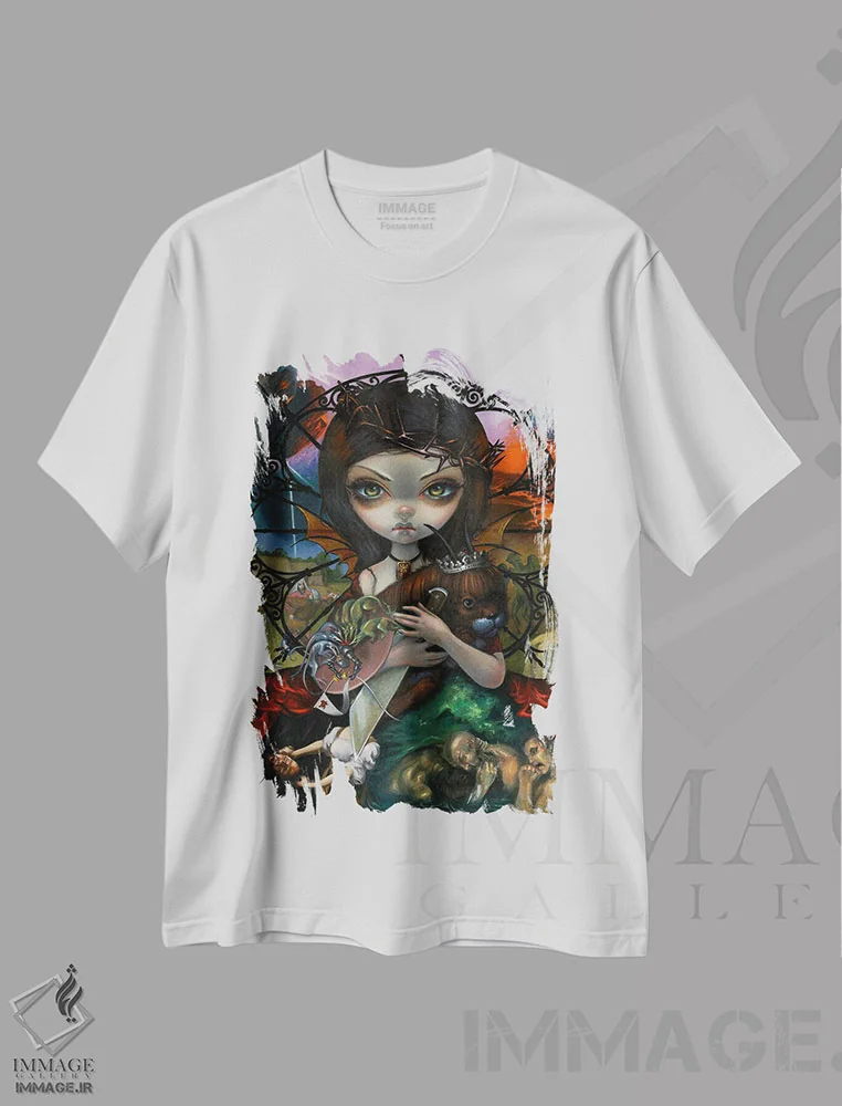 تیشرت سفید طرح دار خشم دربار انسلی، دکوراسیون جایگزین اثر جزمین بکِت-گریفیت | فروشگاه ایماژ
