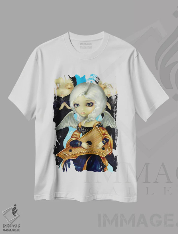 تیشرت سفید طرح دار فرشته با سالتری، دکوراسیون جایگزین اثر جزمین بکِت-گریفیت | فروشگاه ایماژ