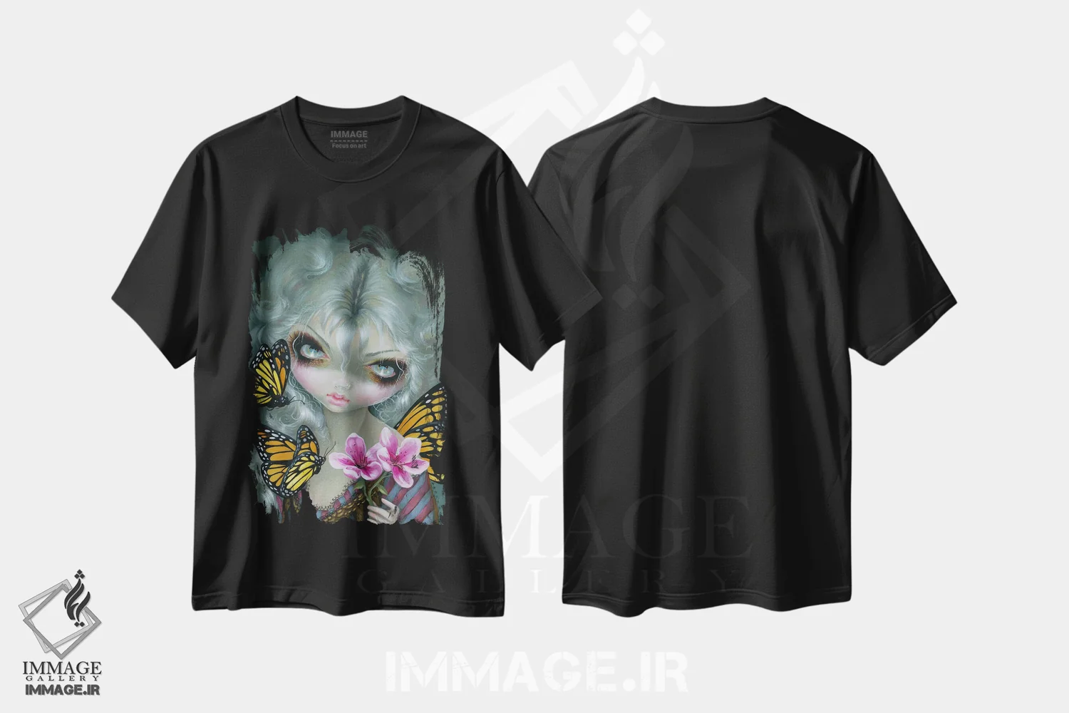 تیشرت مشکی طرح دار جذب پروانه ها، دکوراسیون جایگزین اثر جزمین بکِت-گریفیت | فروشگاه ایماژ