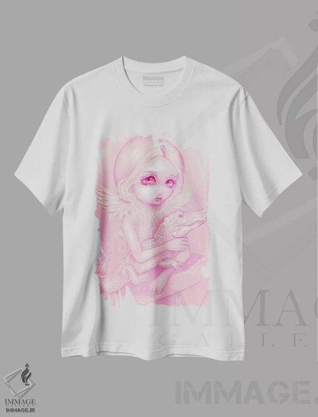 تیشرت سفید طرح دار فرشته تمساح زال، دکوراسیون جایگزین اثر جزمین بکِت-گریفیت | فروشگاه ایماژ