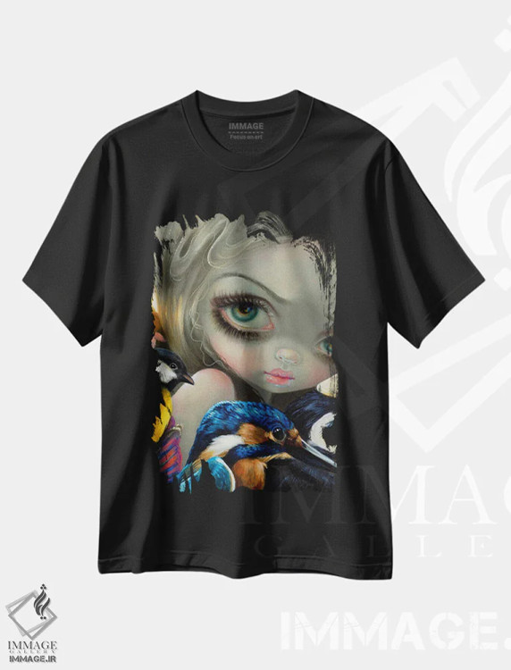 تیشرت مشکی طرح دار آواز پرندگان، دکوراسیون جایگزین اثر جزمین بکِت-گریفیت | فروشگاه ایماژ